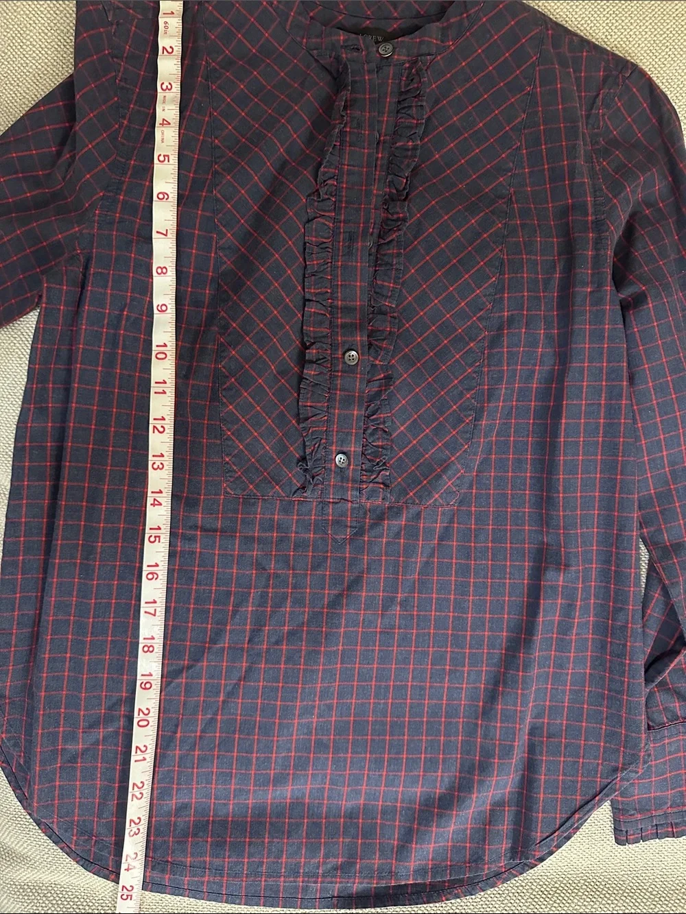 J. Crew Navy and Red Checked Ruffle-Trim Long-Sleeve Shirt